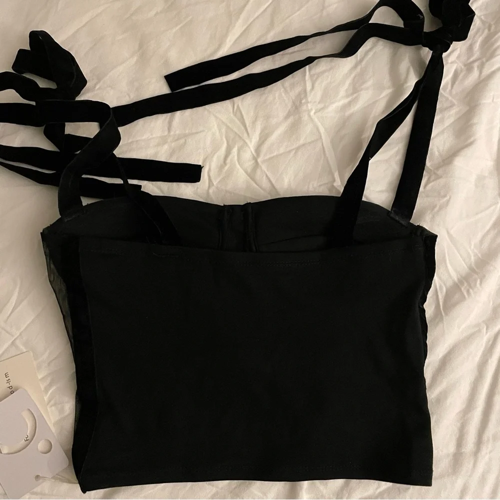Commense Black Sheer Corset Tie-Shoulder Camisole - Picture 5 of 7